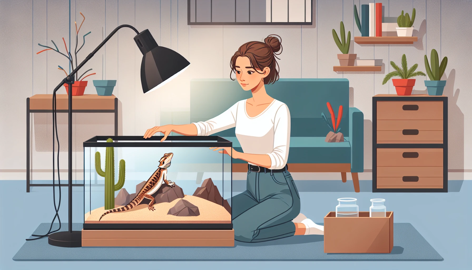 Responsible pet owner providing a suitable environment for a bearded dragon