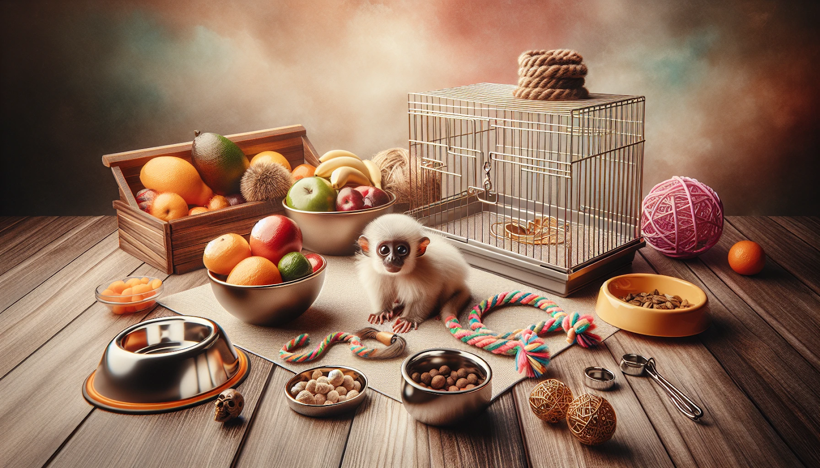 Illustration of a finger monkey with various pet supplies