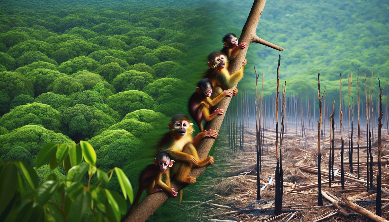 Illustration depicting deforestation and its impact on finger monkey habitat