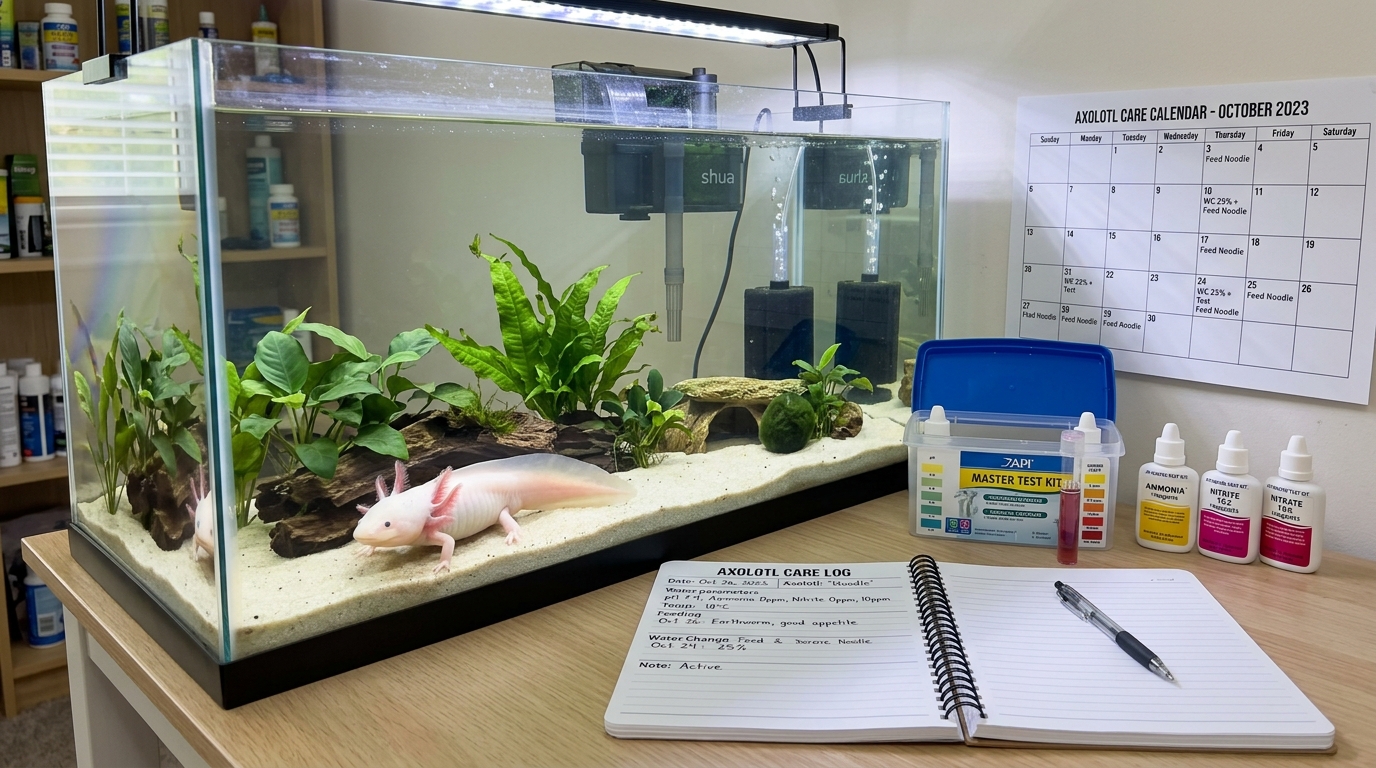Axolotl aquarium with notebook and water test records