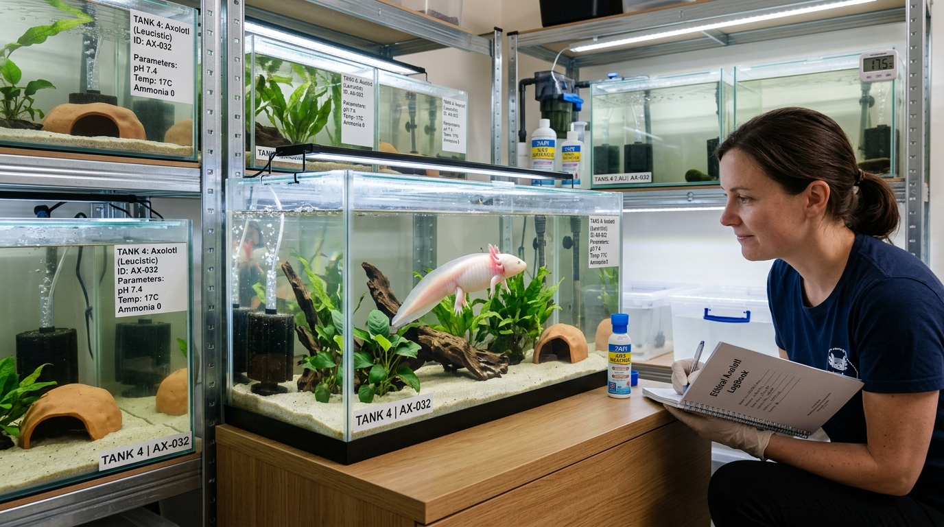 Healthy captive-bred axolotl in an ethical breeder setup